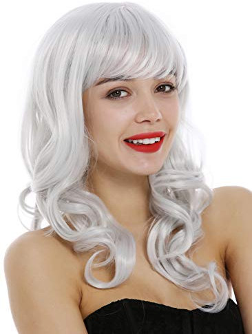 WIG ME UP - 3001-001 Perücke Damen lang Locken wellig Pony Cosplay Grau Weißgrau