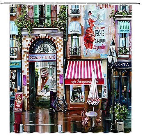 GCTNBJL Vintage Paris Duschvorhang, Retro, Paris, Café de Ölgemälde, Frankreich, Straße, europäisches Gebäude, französische Geschäfte, Mode, Badezimmer, Dekor, Stoffvorhang mit Haken