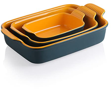 Sweejar Juego de 3 sartenes para hornear, de cerámica de 9 x 13 pulgadas con asa, cacerolas rectangulares para horno, juegos de 3, sartenes duraderas para lasaña para cocina, banquete, regalo de boda