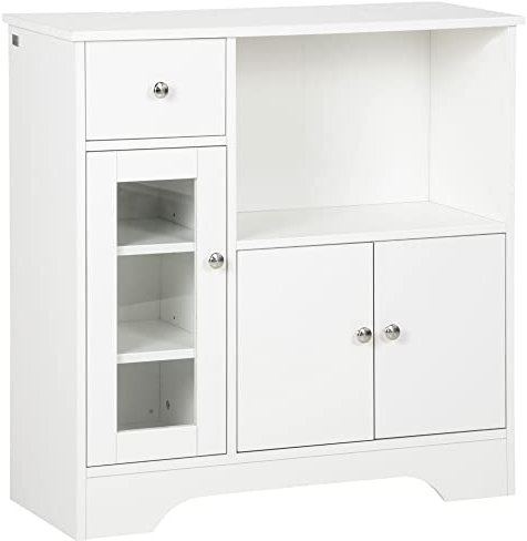 HOMCOM Küchenschrank Sideboard mit 2 Schränken und offener Regale, Aufbewahrungsschrank mit verstellbare Einlegeböden, Kommode mit Kippschutz und Glastür Spanplatte Weiß 80 x 30 x 82 cm