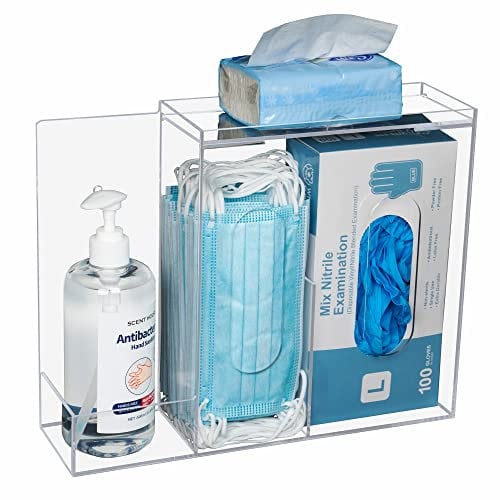 KOEMEHR Masken und Handschuh Spender mit 3 Transparent Fächern, Acryl Wandhalterung Aufbewahrungsbox für Einmalhandschuhe, Hand-Desinfektionsgel, Haarnetz, Schuhabdeckung und Taschentücher-Box