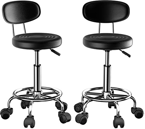 Rcynview barhocker 2er Set, rollhocker höhenverstellbar 46-61cm, Schwarz | Rollhocker mit lehne für Haushalt Praxis Studio Salon Werkstatt, 3-stufiger pneumatischer Hubarm, Komfortable Fußpedal