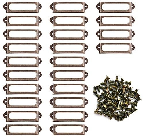 Auvotuis 24 antike Etikettenhalter, antikes Kupfer, Metall, Namenskartenrahmen, Vintage, Büro, Bibliothek, Aktenordner, Schublade, Tag für Schrank und Regale (74 x 33 mm)