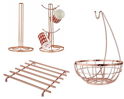 Royal Cuisine Pack of 3, Fruit Basket with Banana Hanger + Mugs & Tea Cup Storage Rack with Kitchen Towel Holder + Copper Plated Trivet (Gold)
