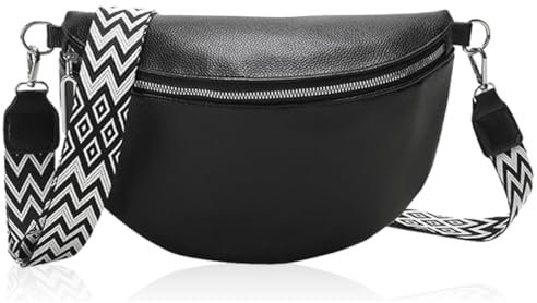 Forhome Damen Bauchtasche - Echtes Leder Crossbody Bag mit Breitem Schultergurt (Schwarz)