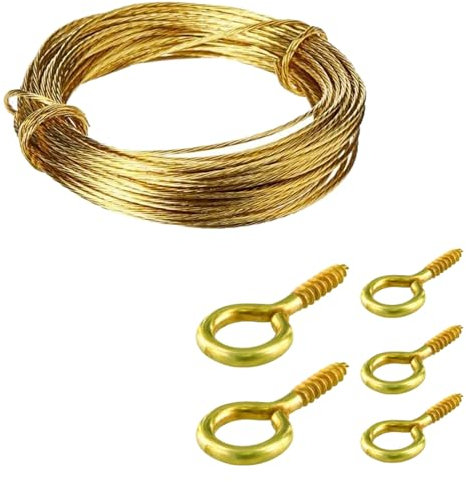 SISI UK Câble de suspension pour tableau en fil de laiton 6 mètres 20 crochets à œil avec bouchon à vis Crochets plaqués en laiton de 19 mm Vis à œil Crochets à visser avec jeu de fils pour suspendre