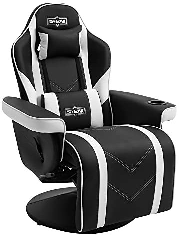 S*MAX Gaming Stuhl mit Fußstütze Gaming Sessel hoher Rückenlehne mit Verstellbarer Rückenlehne Becherhalter Seitentasche Gaming Stühle für Erwachsene Schwarz