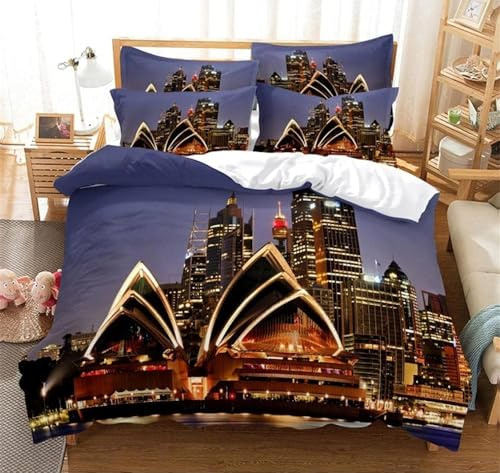 HATEGE 3D Opernhaus von Sydney Bettwäsche 150x200 Australien 3 Teilig Weiche Mikrofaser Bettwäsche Opernhaus von Sydney Bettbezug Set und 2 Kissenbezug 80x80 cm mit Reißverschluss