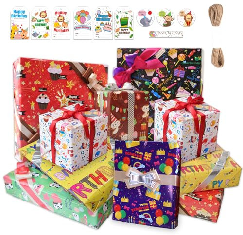 Zamety Geschenkpapier, 10 Blätter Geschenkpapier Kinder, 70 x 50CM Geschenkpapier Geburtstag, Geschenkpapier Rolle, 2024 Geschenkpapier Kindergeburtstag mit Geschenkanhänger und Juteseil