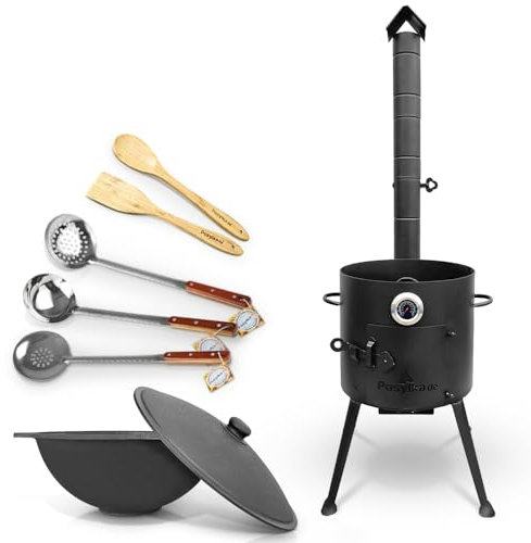 Utschak Uchag - Horno de fuego de 36 cm de diámetro, 2 mm, acero con base plana de Uzbekistán, 10 l, cuchara espumadera para cucharón de madera Plov, cucharón Казан Учаг Kazan Asia (Set 5)