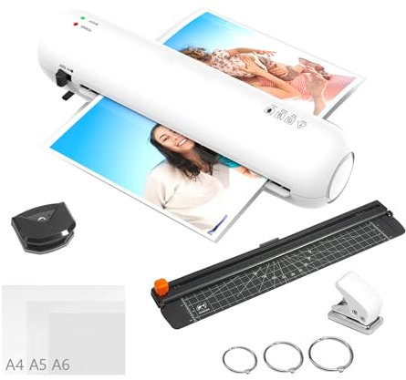 Laminiergerät A4, 6 in 1 Laminiergerät mit 15 Stück A4/A5/A6 Laminierfolien, Laminiermaschine mit Papierschneider & Eckrunde Set, Heiß und Kalt Laminator Für Heimgebrauch Büro Zuhause Schule Fotos