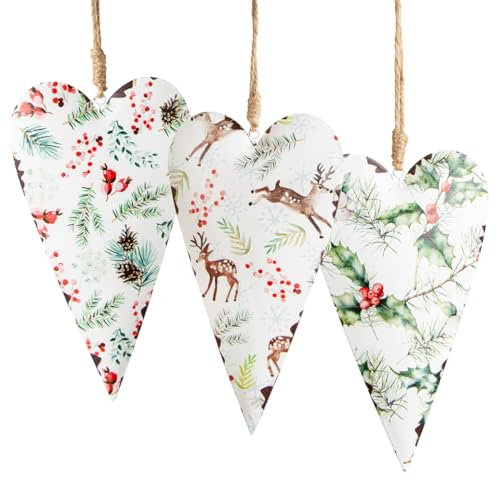 Logbuch-Verlag 3 Herzen zum Aufhängen 17,5 cm Metall Anhänger weihnachtlich Herbst mit Schnur Weihnachtsanhänger rot weiß grün
