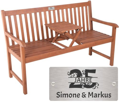 Sterngraf Bank zur Silberhochzeit mit Gravur-Schild zB. Zahl (Namen), Klapptisch Gartenbank Padang 142cm, Edelstahlschild personalisiert, Geschenkidee zum 25. Hochzeits-Jubiläum