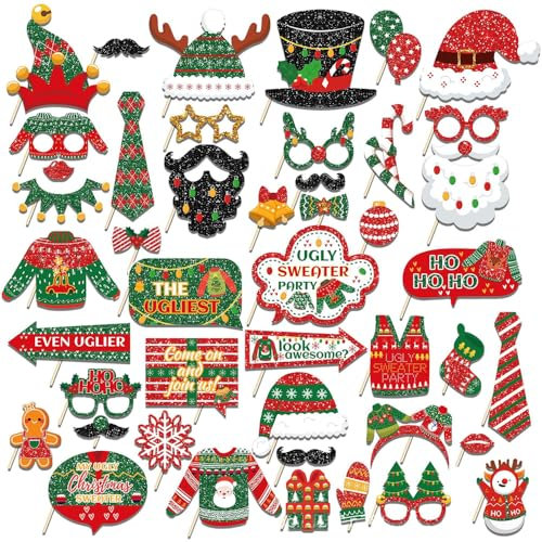 HEKOBAG 45 Piezas Accesorios de Fotos de Navidad Santa Hat/Glasses/Red Lips Christmas Photo Booth con 45 Sticks, Navidad Accesorios Photocall Foto Prop para Fiesta de Navidad Cumpleaños Fotografía