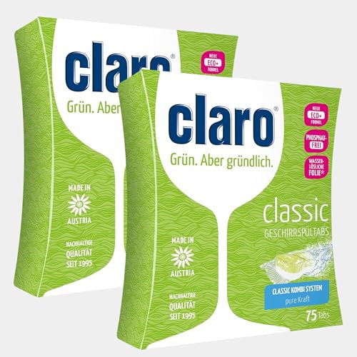 claro Classic XL Geschirrspül-Tabs Doppelpack - 150 Stück (2x75 Stück) Öko-Spülmaschinen-Tabs - phosphatfrei & vegan - wasserlösliche Folie, Mikroplastik- und Palmöl-frei, Unparfümiert