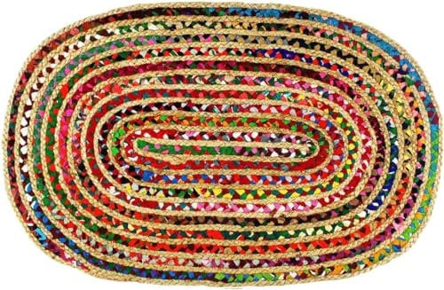 Craft Trade Bunt Waschbarer Boho Jute Teppich Reversibel Geflochten Handgewebt Oval Flickenteppich für Küche Wohnzimmer und Schlafzimmer- 60x90 cm