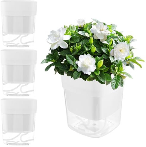 Oungy 4 Stück Selbstbewässerungstopf 12 cm, Weiß Blumentopf mit Bewässerungssystem, 12 cm Blumentopf Selbstbewässernd, Basilikum Topf mit Dochtsystem, Kräutertopf Küche für Innen und Außen