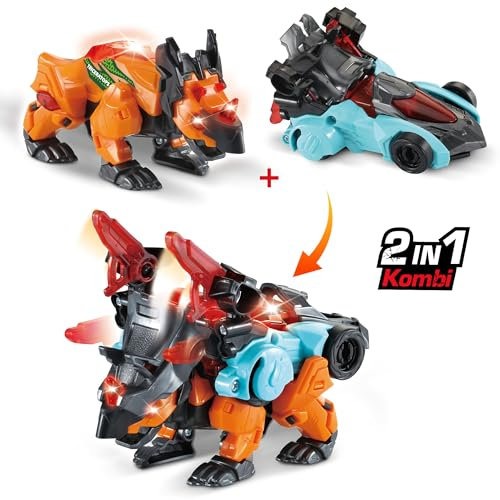 Vtech Switch & Go Dinos - Combo Triceratops – 2in1 Dino-Auto-Spielfigur mit Simm-, Geräusch- und Lichteffekten – Inklusive Triceratops-Faktenkarte – Für Kinder von 3-8 Jahren