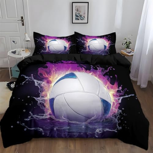 CozyRest 3 teilig Bettwäsche-Sets 135 x 200 cm Schwarz - Bettbezug mit Volleyball Lila Flamme Muster, Mikrofaser mit Reißverschluss Atmungsaktiv Weich und Bügelfrei, Kissenbezug 80x80 cm