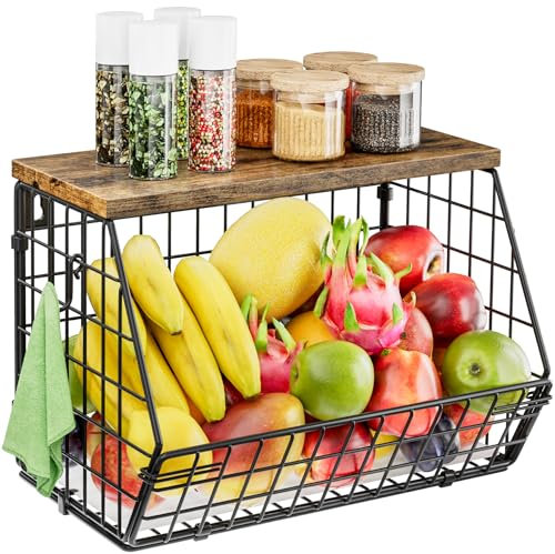 Cisivis Obstkorb, hängende Obstschale, Obst- und Gemüseaufbewahrung, Wandmontage, stapelbares Obstschalenregal mit Holzdeckel, Küchen-Organizer, hängender Obstkorb, Metall-Obstregal,klein