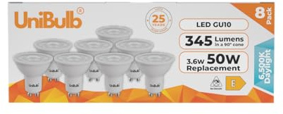 Unibulb LED GU10 3.6W Energy Efficient LED Light Bulb, 345 lumens, 6500K Daylight, 50W Equivalent, 25,000hr Life, Non-Dimmable, Pack of 8