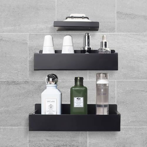 Mapille Étagère Douche sans Percage 3 Pièces Etagère Douche Antirouille avec 4 Crochets Etagere Salle de Bain Sans Percage, Etagere Douche avec Porte Savon Douche Porte Shampoing Drainable, Noir