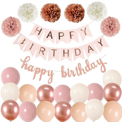 Happy Birthday Rosa Rosegold Geburtstag Party Deko Set Geburtstag Girlande Luftballons Retro Rosa Ballons 6 Pompoms Kindergeburtstag
