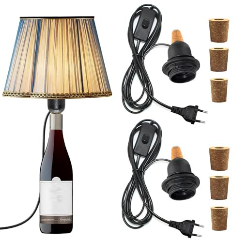 WPQIUZS 2 Stück Lampenfassung für Flaschen, E27 Fassung mit 240CM Kabel und Schalter, Schwarze Flaschenlicht, Flaschenadapter Lampe Kit mit 3 Kork, DIY Flaschenlampe Aufsatz für Vielfältig Flaschen
