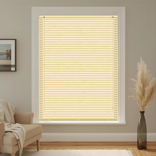 Natural - Wood Grain Effect PVC Venetian Blinds - Width 110cm x Drop 150cm | Child Safe Easy Fit Trimmable Fittings Tilt Control Wand Mechanism - Privacy shutters Perfect for Home offices Window Blind