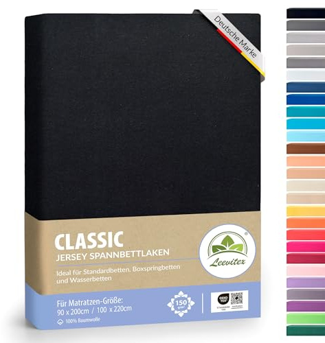 leevitex® Classic Jersey Spannbettlaken 90x200 – 100x220 cm | 150 GSM Baumwolle | Öko-Tex Zertifiziert | für Standard-, Boxspring- und Wasserbetten | 40 cm Steghöhe | 1er Pack | Schwarz