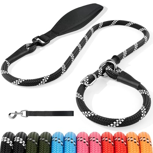 Kdsvakd Slip Lead for Dogs, Pet Figure of 8 Dog Lead with Comfortable Padded Handle and Collar Attachment, Reflective Adjustable Nylon Training Rope for Medium Large Dog, Black 13mm*1.5m