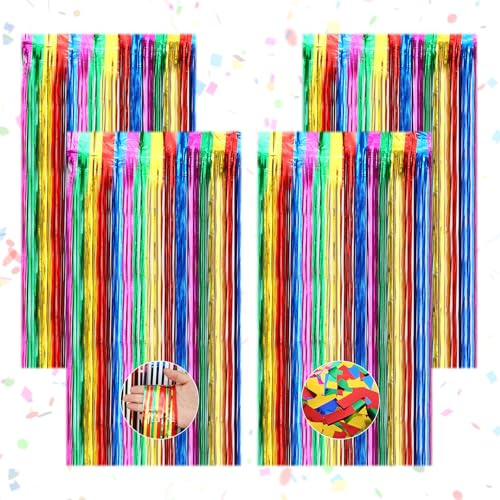 4 Bunte Lametta Vorhänge Vorhang Geburtstag(1m x 2m) mit 1 Packung Konfetti | Regenbogen Metallic Glitzer Vorhang, Glitzervorhang für Party Deko, Disco-Partys, Geburtstagsfeiern, Hochzeitsdekoration