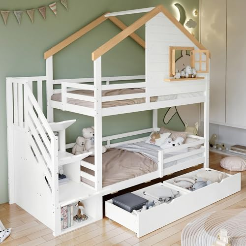 Letto a castello, letto in legno di pino + MDF, scala portaoggetti, design raffinato con una finestra, spazio sotto il letto, bianco + naturale, 90 x 200 cm