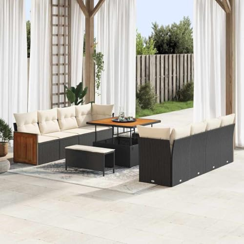 QJBSAVVA Gartensofa Set 11-TLG Schwarz Creme 100x100 cm Poly-Rattan Lounge Couch Eckbank mit Akazienholztisch Modernes Design Langlebig für Garten Balkon Terrasse
