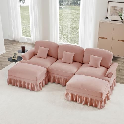 U-förmiges 3-Sitzer-Ecksofa im Mittelalter Stil mit Abnehmbarem Rüschenschürze & 2 Ottomane, Chenille Stoff mit Holzbeinen | Bequemes Couch 272 cm Breit, Sofa Wohnzimmer, Rosa