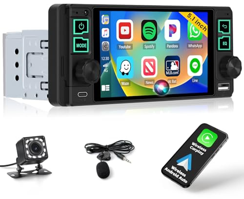 Inefala Autoradio 1 DIN Wireless CarPlay Android Auto Mirror Link | 5,1 Pollici Touchscreen Touchscreen, BT, FM, EQ, SWC, USB & Type-C, MIC, Retrocamera