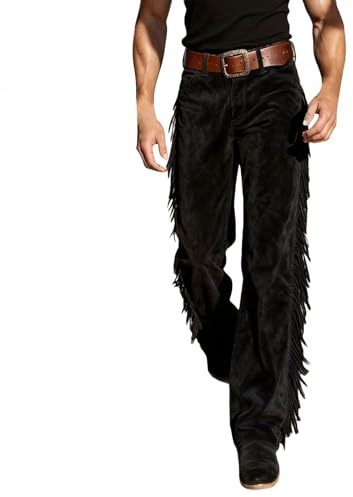 Pantalon de cowboy pour homme - Style hippie occidental - Avec pompons - Rétro - En daim - Pantalon indien à franges - Pantalon de loisirs - Taille haute - Pantalon d'équitation - Costume cospaly
