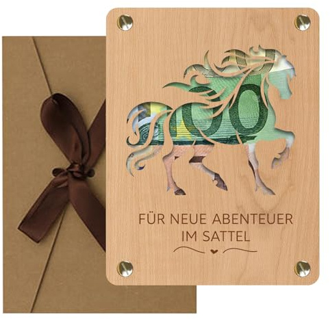 Pferde Mädchen Geschenk, Geldgeschenk Reiter aus Holz, 13x10cm Kreative Verpackung für Geld & Gutscheine, Spardose Pferd, Originelles Pferdegeschenk für Reitsport Fans, Geschenke für Pferdeliebhaber
