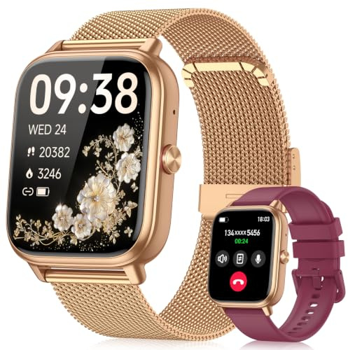 paybay Smart Watch for Women Men- 1000mAh Battery Answer/Make Call, Fitness Step Counter Watch with110+ Sport for Andriod iPhone iOS Compatible (Warm Sand Case w/Burgundy & Vintage Gold Band)