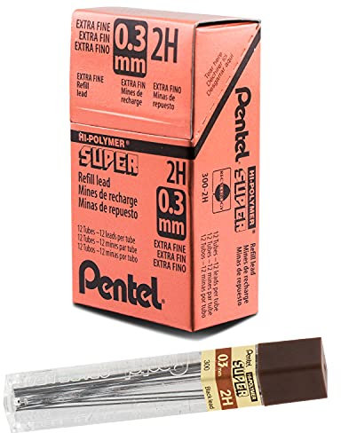 Pentel 300-2H Lot de 12 Etuis de 12 mines 0,3mm 2H pour porte-mines