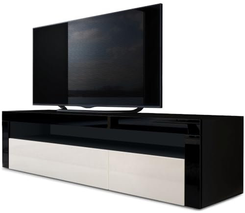Vladon Lowboard Valencia, Made in Germany, TV-Kommode mit 1 offenem Fach und 2 Klappen, Schwarz matt/Creme Hochglanz/Schwarz Hochglanz (155 x 46 x 40 cm)