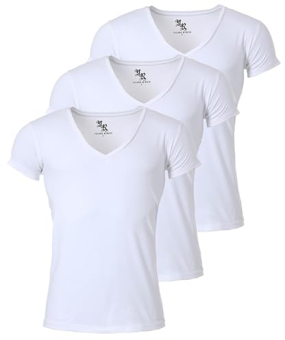 Young & Rich Herren Uni T-Shirt mit extra tiefem V-Ausschnitt slimfit stretch Dehnbare Passform einfarbiges Basic Shirt - 3er Pack