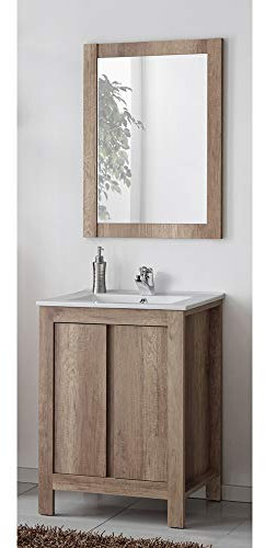 Lomadox Badezimmer Waschplatz Waschtisch mit Spiegel ● Landhaus Holzoptik Country Eiche Nb. ● 60cm Waschtisch-Unterschrank inkl. Keramik-Waschbecken