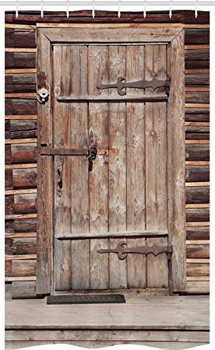 ABAKUHAUS Rustikal Schmaler Duschvorhang, Holztür Hütte Landschaft, Badezimmer Deko Set aus Stoff mit Haken, 120 x 180 cm, Braun Hellbraun