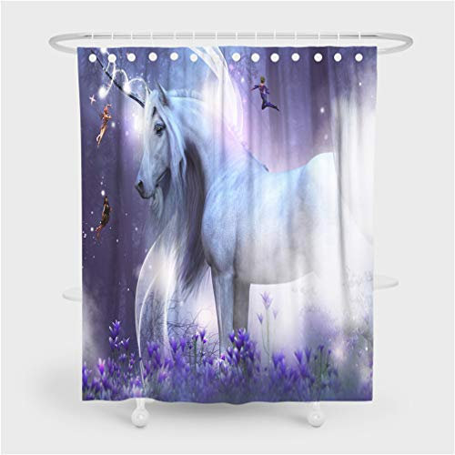 Stillshine Violet Galaxie Licorne Ciel Bleu Licorne Nuages Rideau de Douche Imperméable Anti-Moisissure Rideau Décoratif Lavable Facile à Installer Rideaux (Licorne 5,180x180 cm)