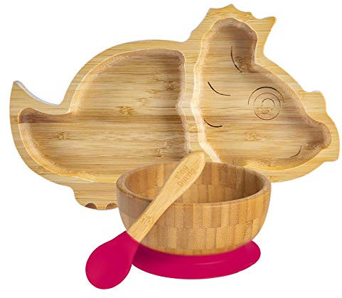 Tiny Dining Baby Dinner Set - Dinosaur - Red - 3pc - Divided Non-Slip Bamboo Self-Feeding Weaning Plate, Bowl & Spoon for Babies, Toddlers, Children