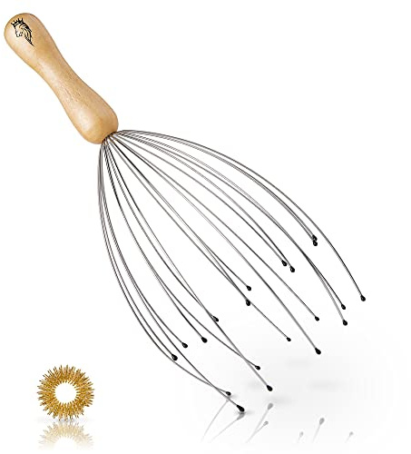 YUMAYA® Kopfmassage Spinne 20 Fühler [verbessertes Konzept] gratis Massagering | Kopf Massagespinne Holz Griff Massage Kopf | Head Massager Scalp | Kopfmassagegerät Kopfspinne Kopfkrauler