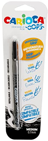 CARIOCA Oops Penna Nera, Penna Cancellabile Ricaricabile per Scuola e Ufficio con Cappuccio, Doppia Gomma e Impugnatura Ergonomica, Colore Nero, 1 Pezzo