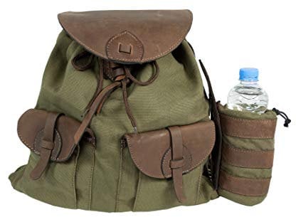 HUBERTUS Mochila de caza y senderismo de lona y piel de búfalo con soporte para botellas, 20 litros