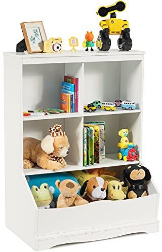 COSTWAY Kids Bookcase, Wooden Display Rack Cabinet with Shelves and Compartments, Free Standing Children Bookshelf Toys Storage Units for Study, Living Room, Bedroom (White, 67x40x88cm)